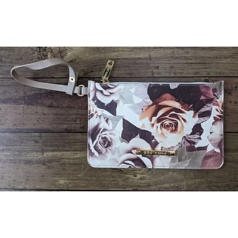 Betsey Johnson Wristlet Pouch Rose Print Signature Logo